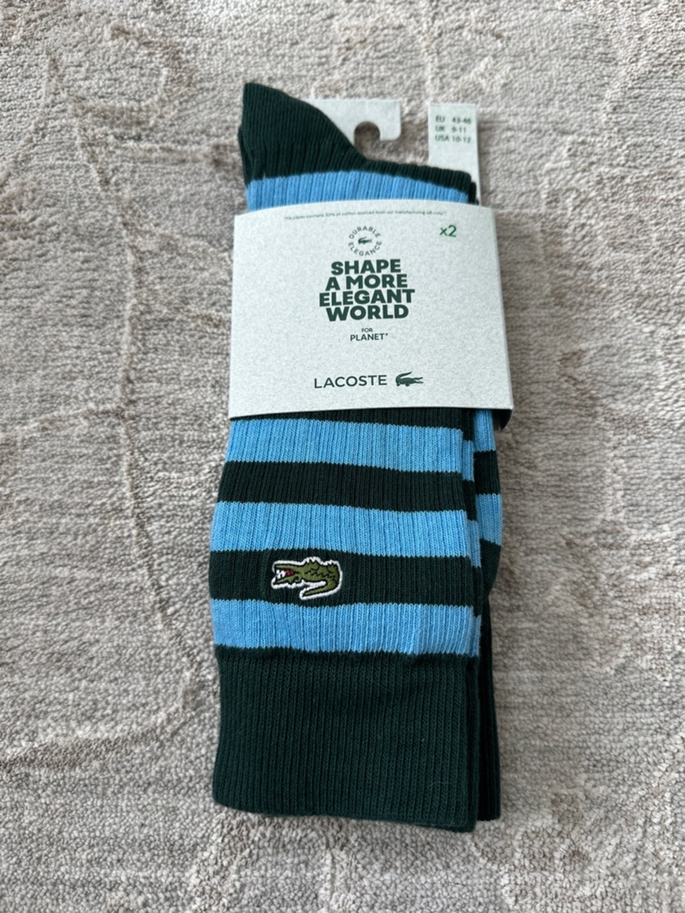 Lacoste Men’s size 10-12 2 pack long socks. Green & Light Blue /Green Striped.